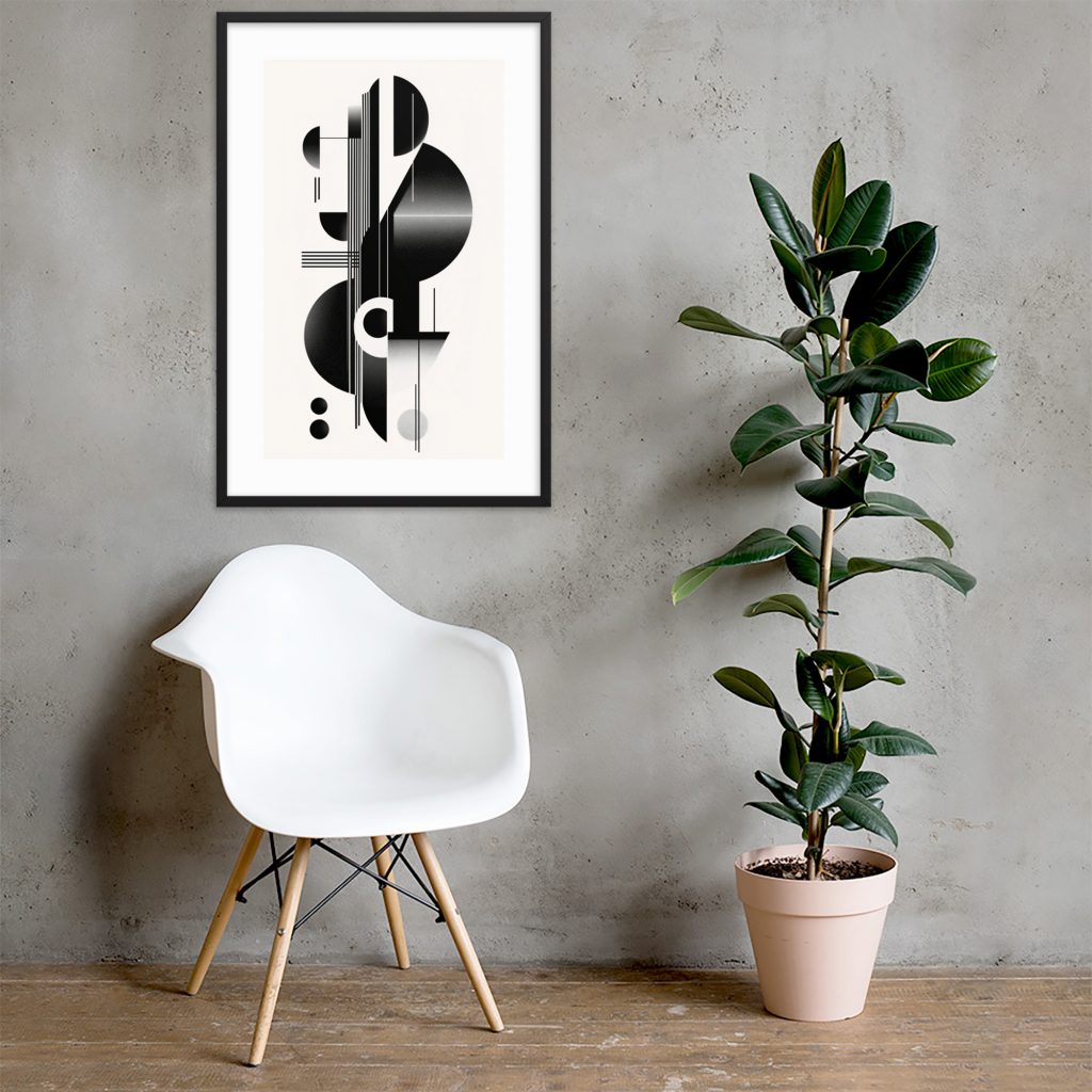 A modern armchair, abstract artwork, and potted plant against a textured wall.