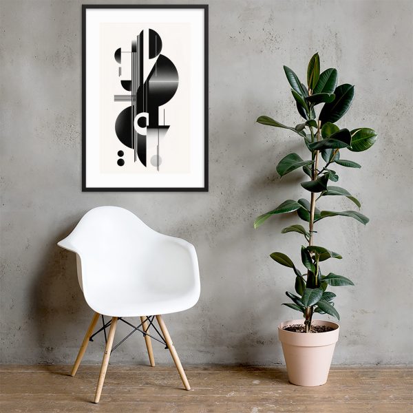 A modern armchair, abstract artwork, and potted plant against a textured wall.