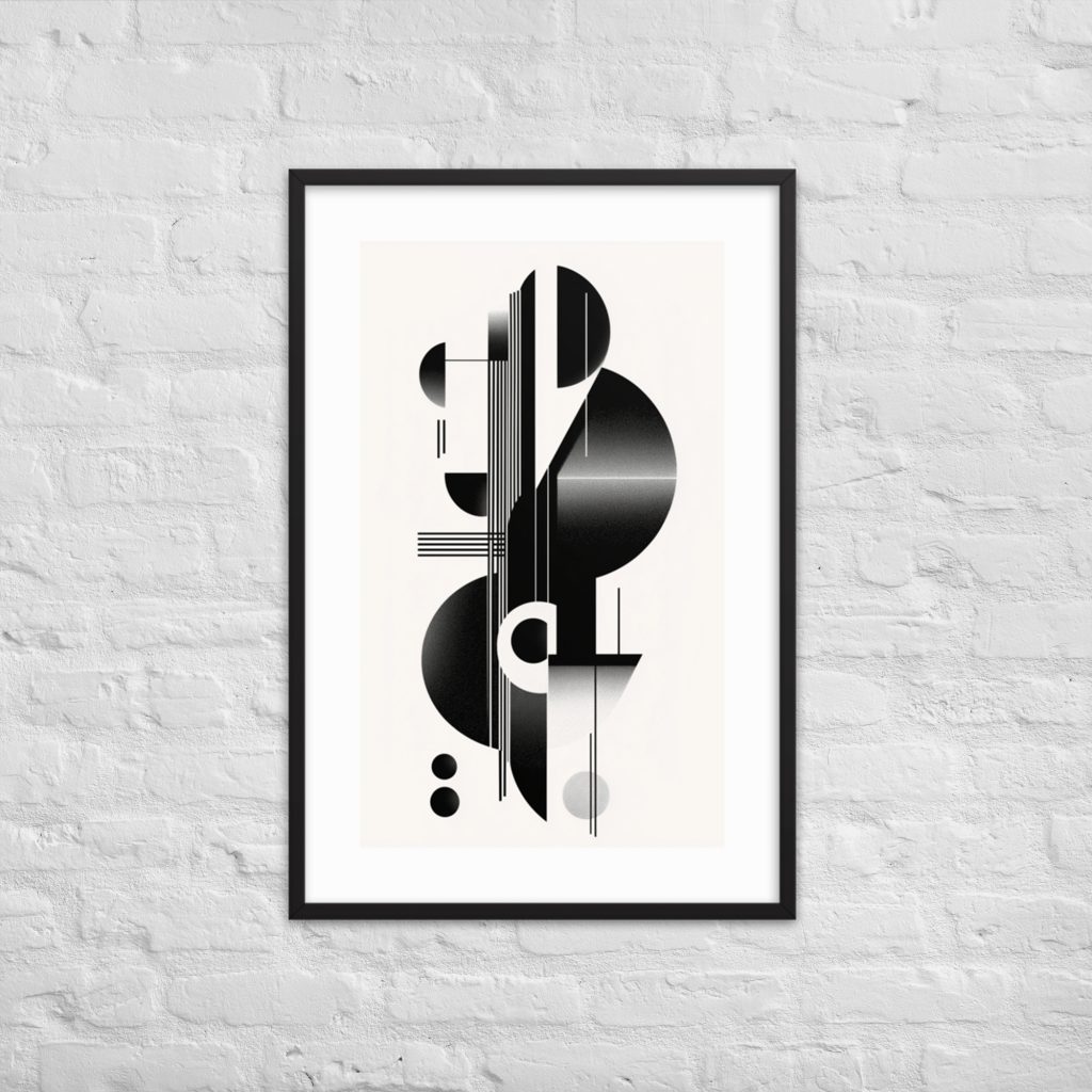 Abstract geometric monochrome artwork with bold lines in a frame.