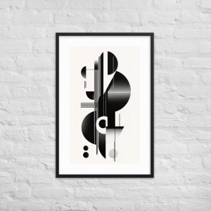 Abstract geometric monochrome artwork with bold lines in a frame.