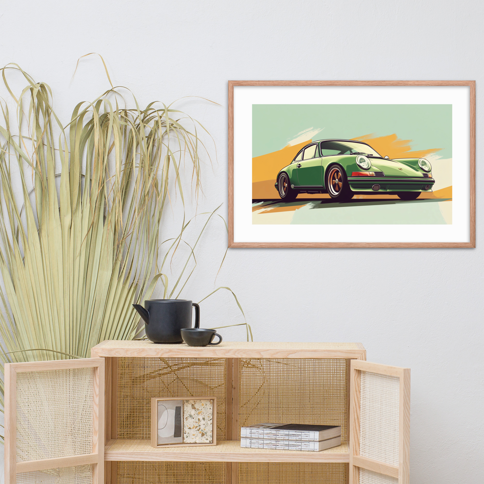 A framed car artwork hangs above a minimalist wooden cabinet.