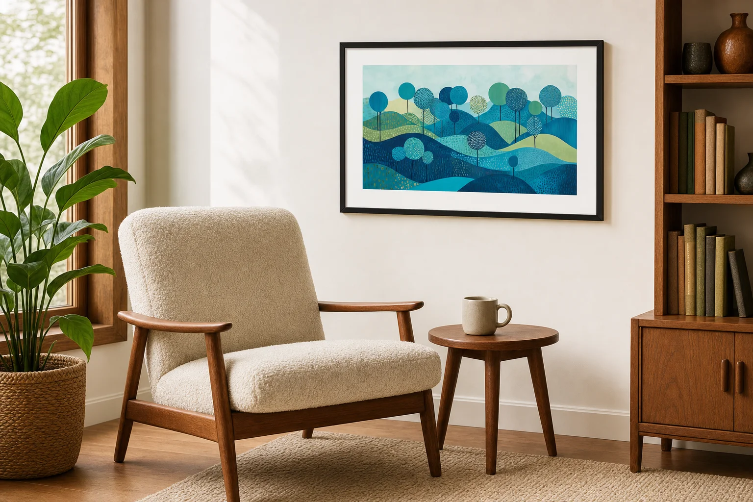 Blue Forest Dreamscape print beside a cream armchair in a quiet reading nook