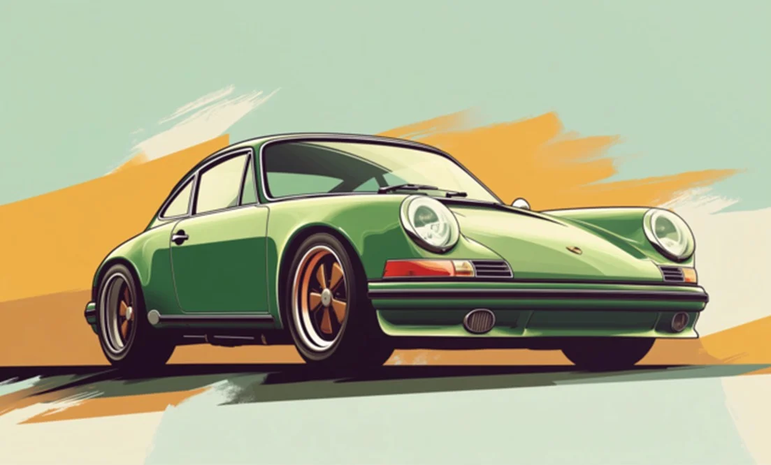 Flat retro illustration of a vintage Porsche in bold mid-century advertising style from the Vintage Porsche Dreams print