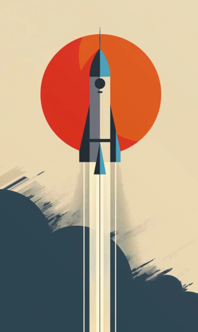 Orange circle and rocket graphic in flat atomic-age style from the Solar Ascent print