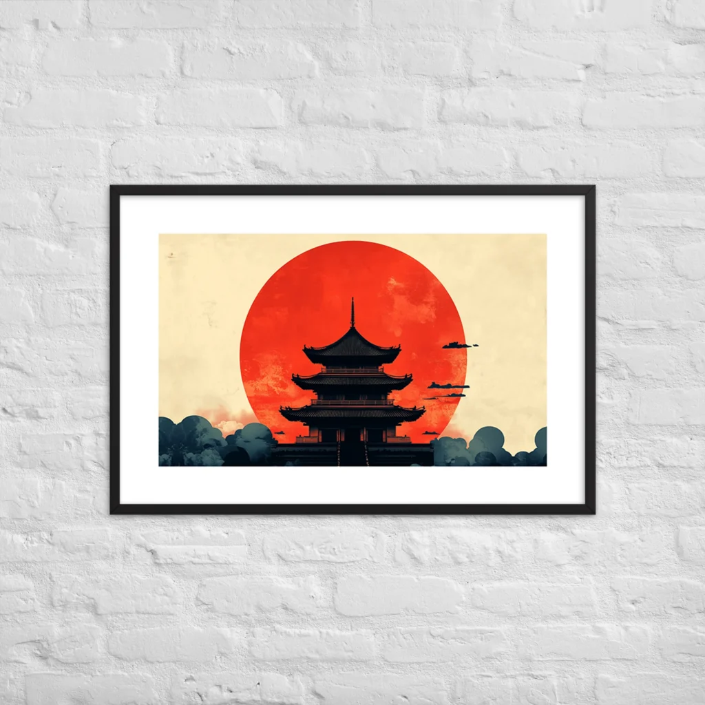 Pagoda silhouette against deep red sun on warm cream, flat planes, graphic Japanese-influenced composition, mid-century modern art print