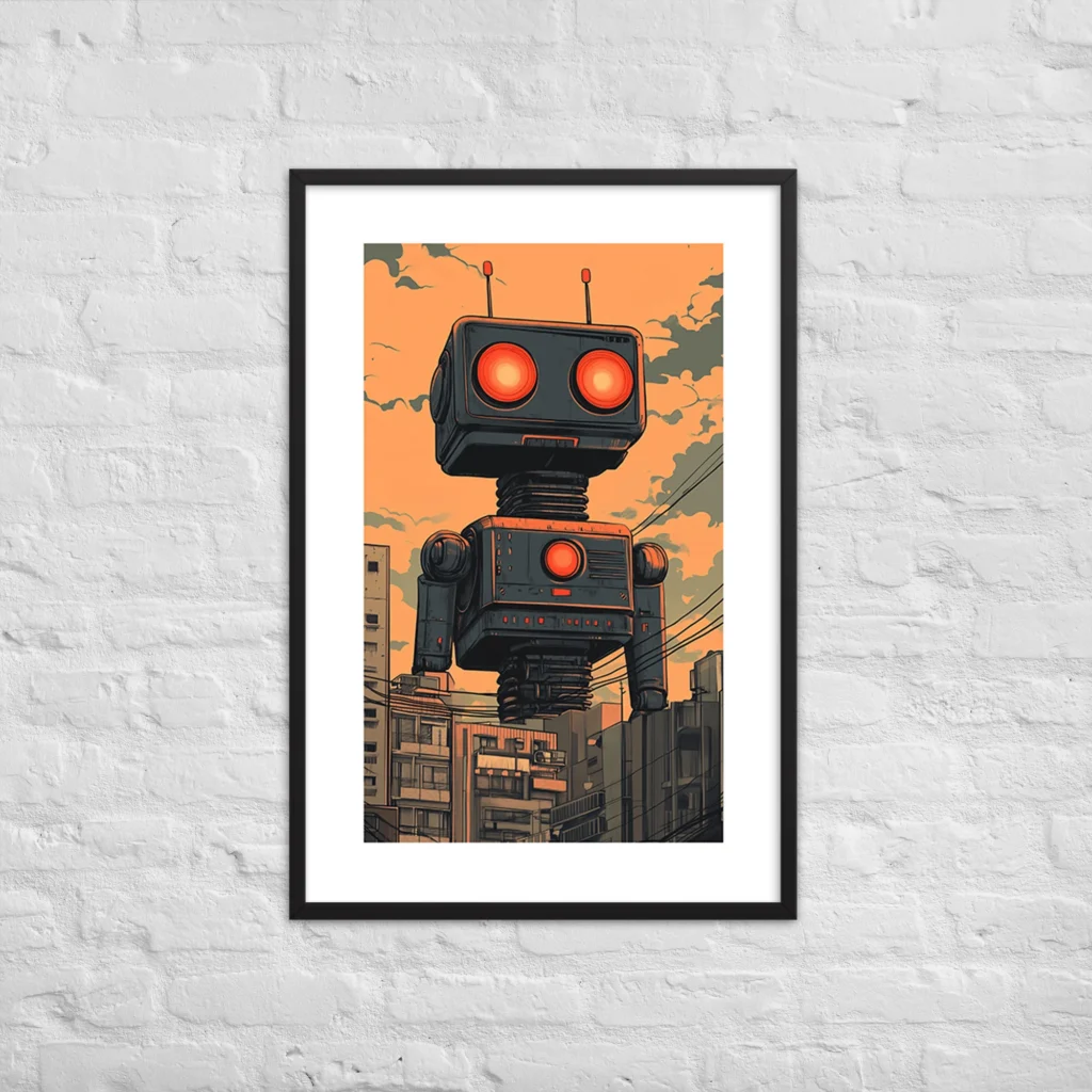 Massive dark robot looming above city blocks and power lines, glowing red eyes, cinematic science fiction cover style, mid-century modern art print
