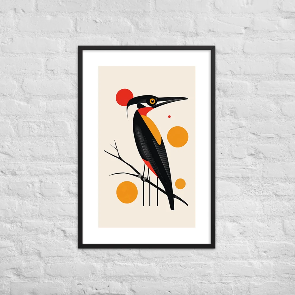 Bird silhouette with amber chest and red throat patch, floating circles on cream, precision illustrator style, mid-century modern art print