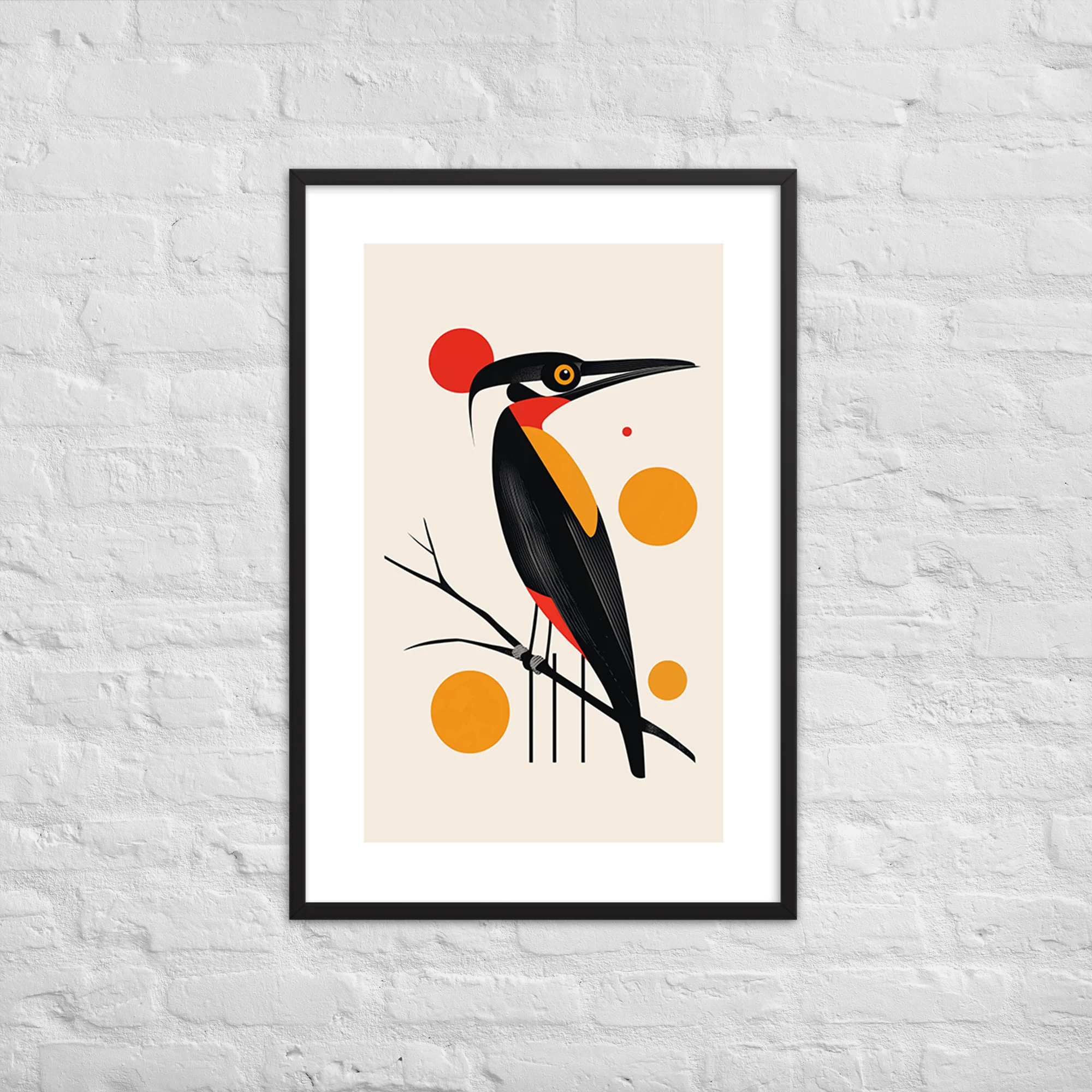 Bird silhouette with amber chest and red throat patch, floating circles on cream, precision illustrator style, mid-century modern art print
