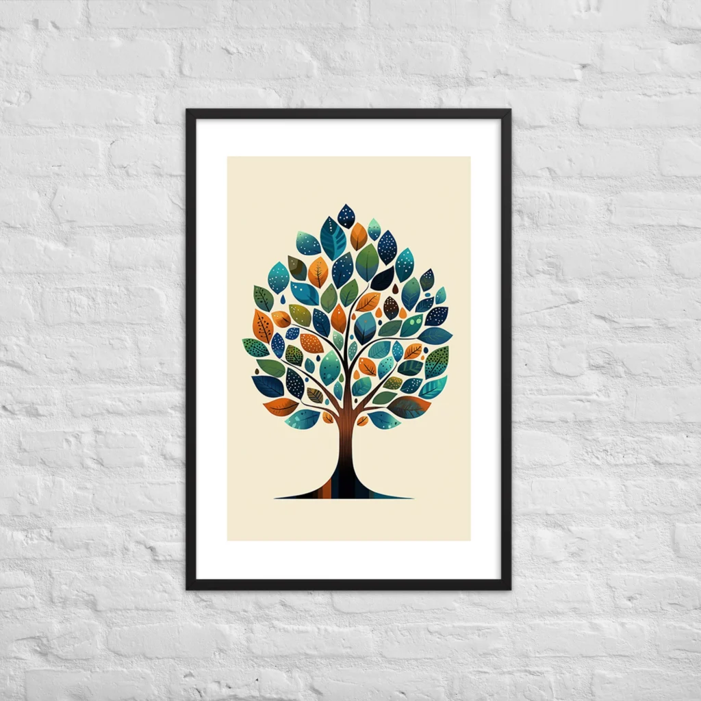 Single tree dense with flat teardrop leaves in teal, cobalt, amber, and forest green, quilt-like warmth, mid-century modern art print