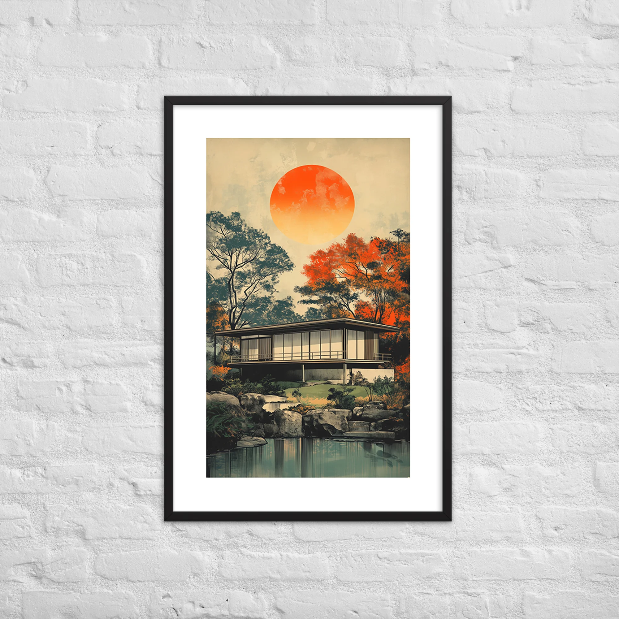 Glass and steel mid-century house reflected in still pool, teal pines and orange autumn trees, shelter magazine style, mid-century modern art print