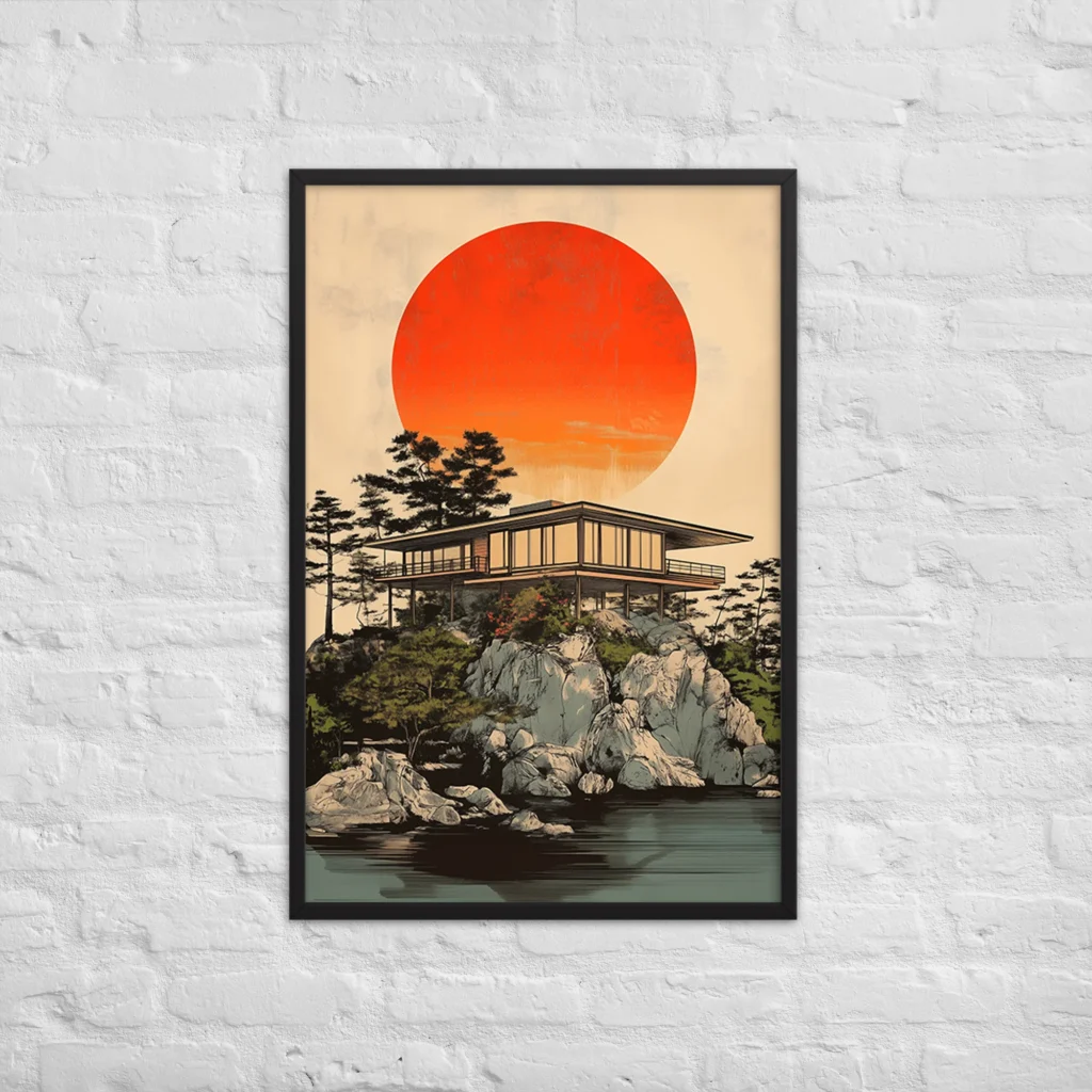 Glass-walled mid-century house perched on gray rock above still water, deep orange sun dominating sky, architectural illustration style, mid-century modern art print