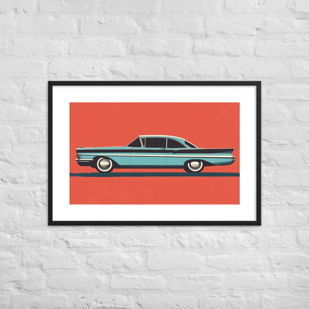 Baby-blue late-1950s American sedan in perfect profile against flat coral-red background, dealer showroom illustration style, mid-century modern art print