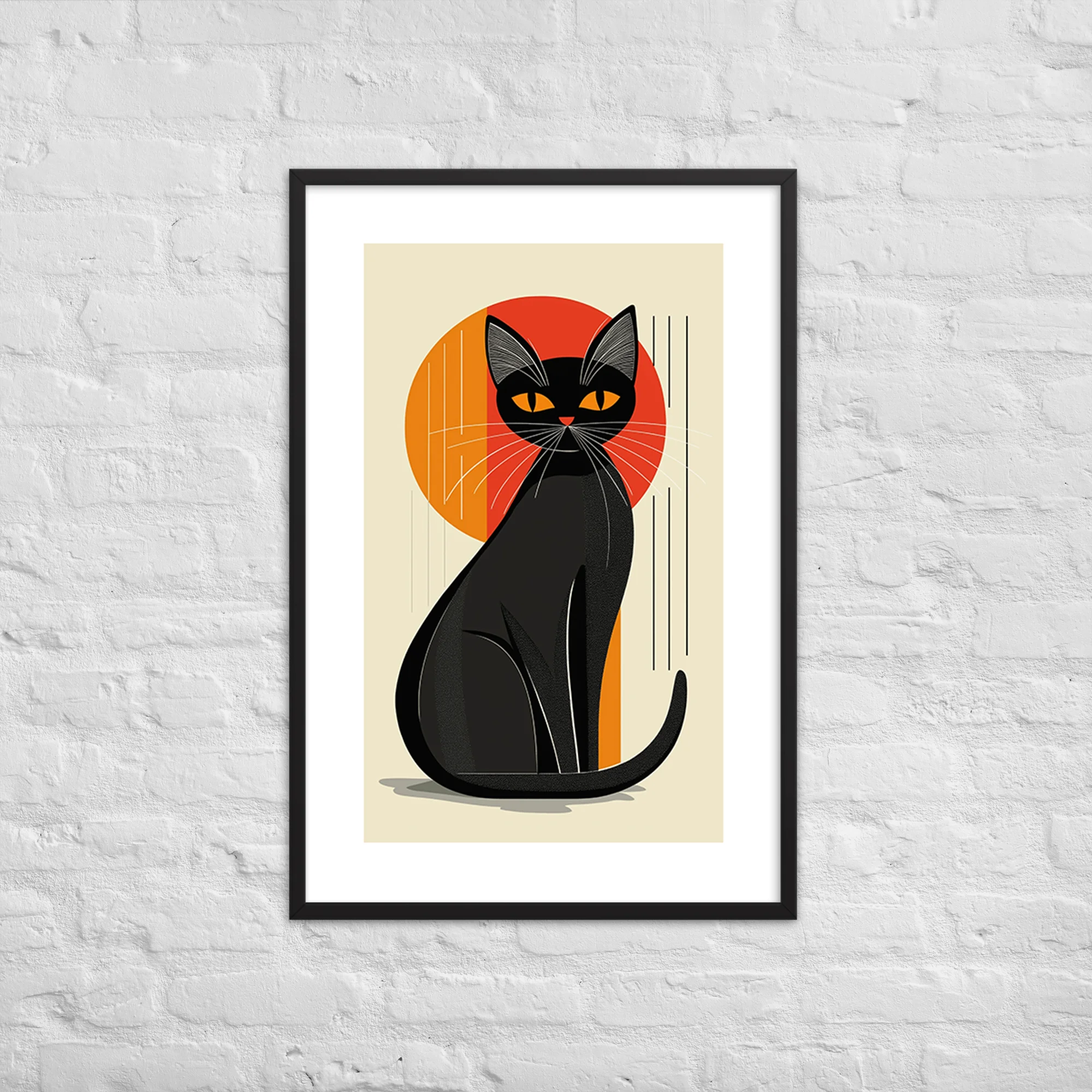Sleek black cat silhouette in front of orange and red disc with vertical line geometry, flat graphic poster style, mid-century modern art print