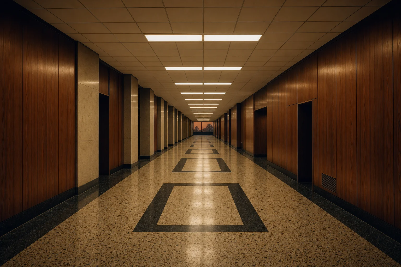 Long 1960s American corporate corridor with warm wood panel walls, terrazzo floor, and receding fluorescent lights, empty and monumental in scale
