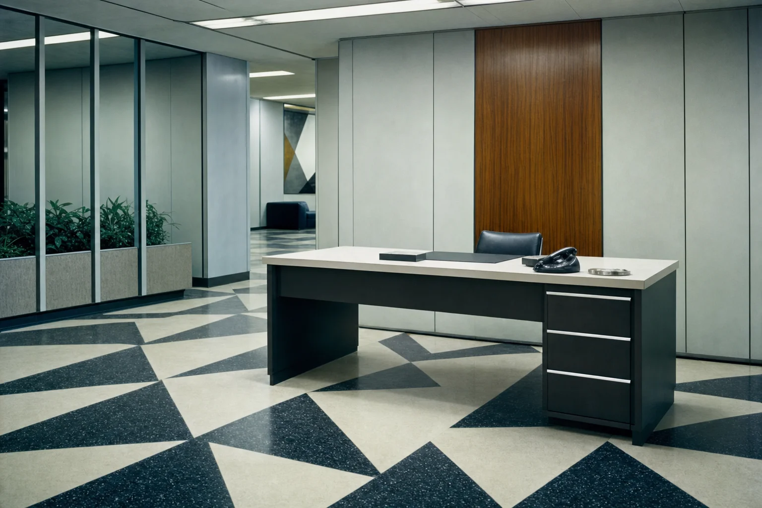 Abstract 1965-era corporate modernist interior with a single empty executive desk on a bold geometric terrazzo floor, cool fluorescent overhead light, warm wood accent panel