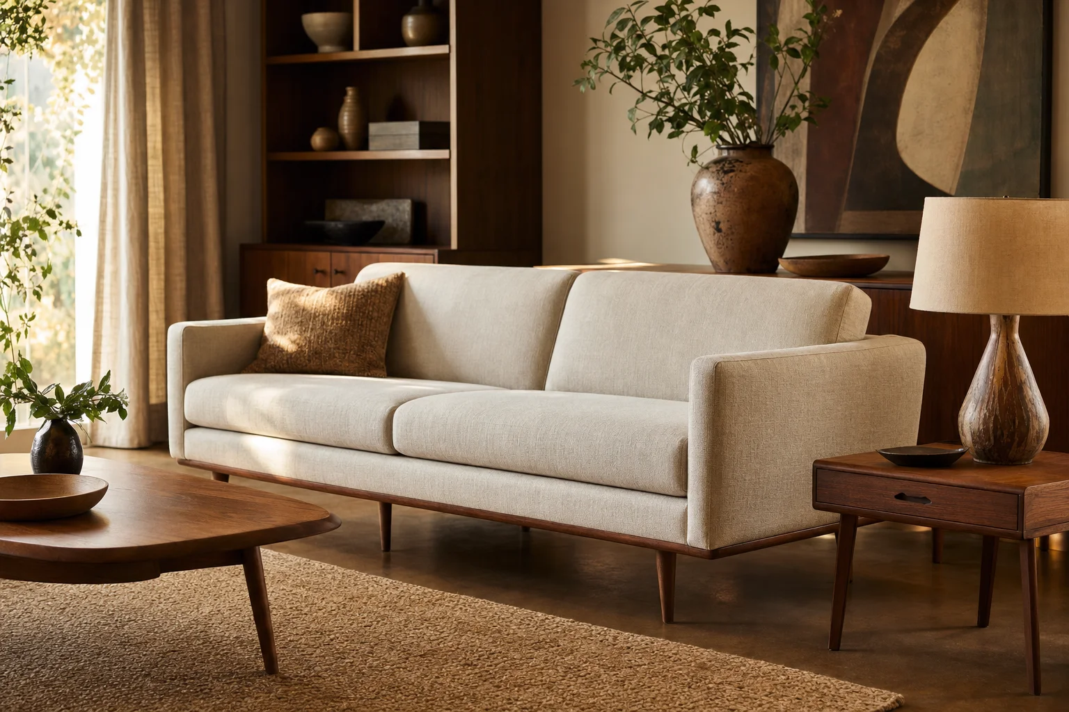 Contemporary neutral linen sofa with tapered walnut legs in a mid-century modern living room, teak side table with a lamp, warm afternoon light