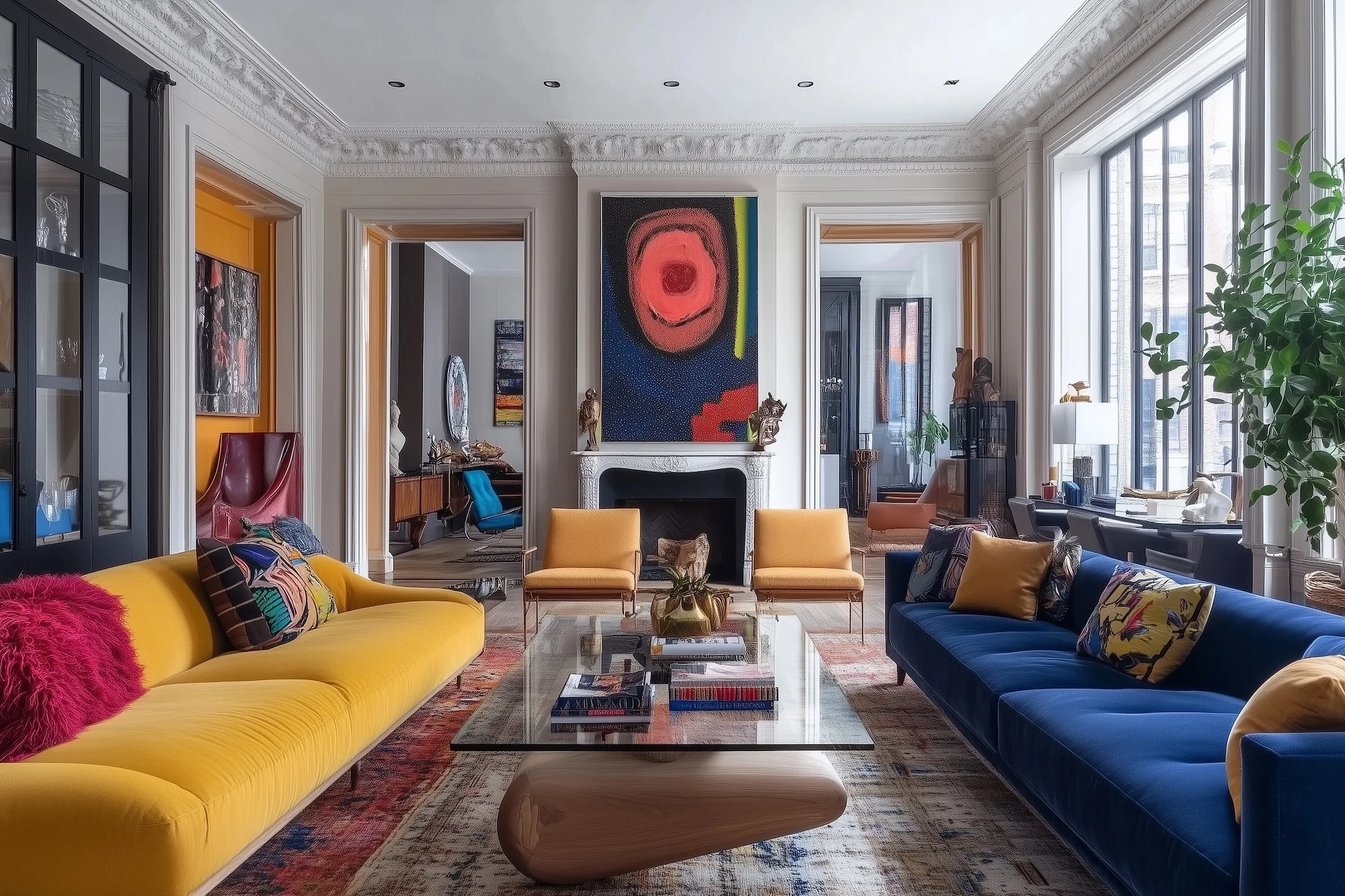 Colorful eclectic living room with vibrant abstract painting and contemporary furniture