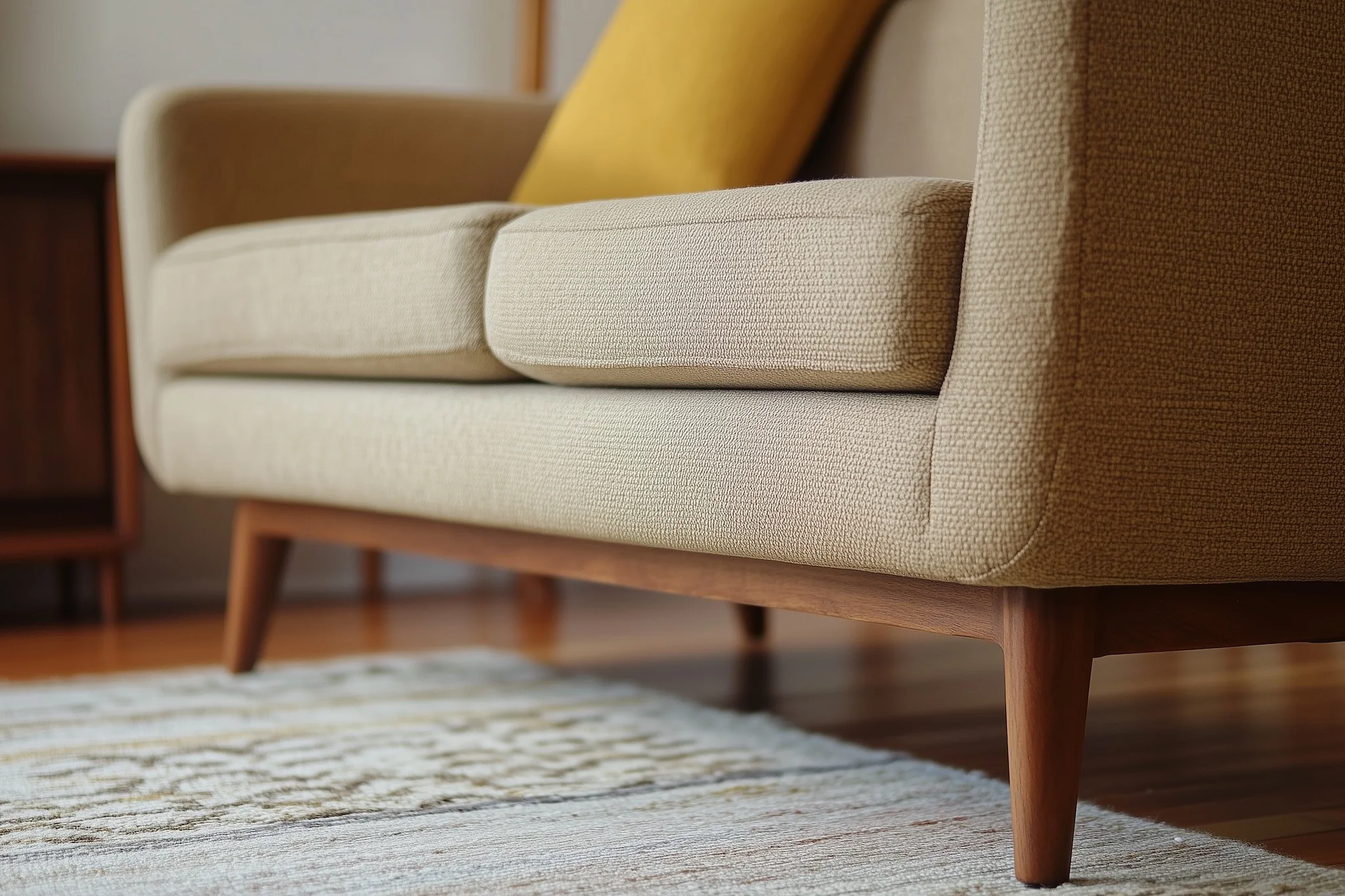 Mid-century modern beige sofa with wooden legs and a yellow cushion.