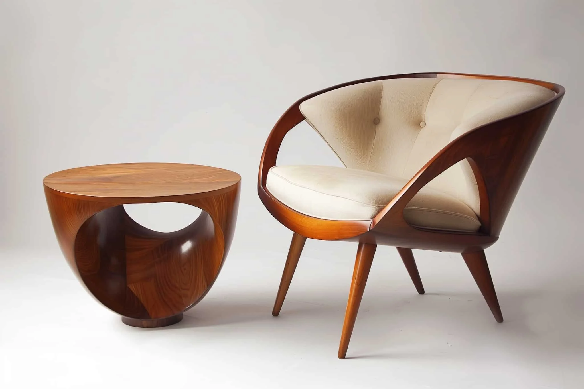 Mid-century modern chair and side table with wooden furniture and beige upholstery