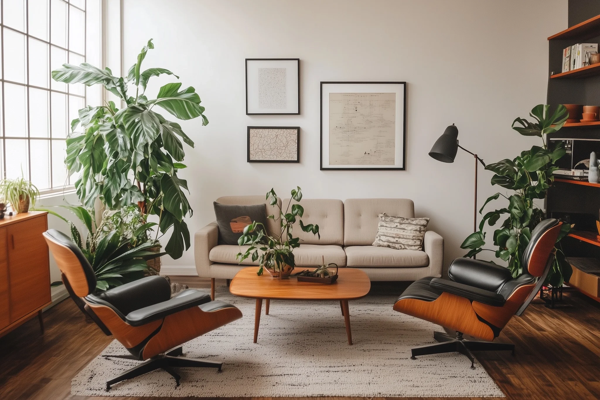 Mid-century modern living room with furniture, plants, and wall art