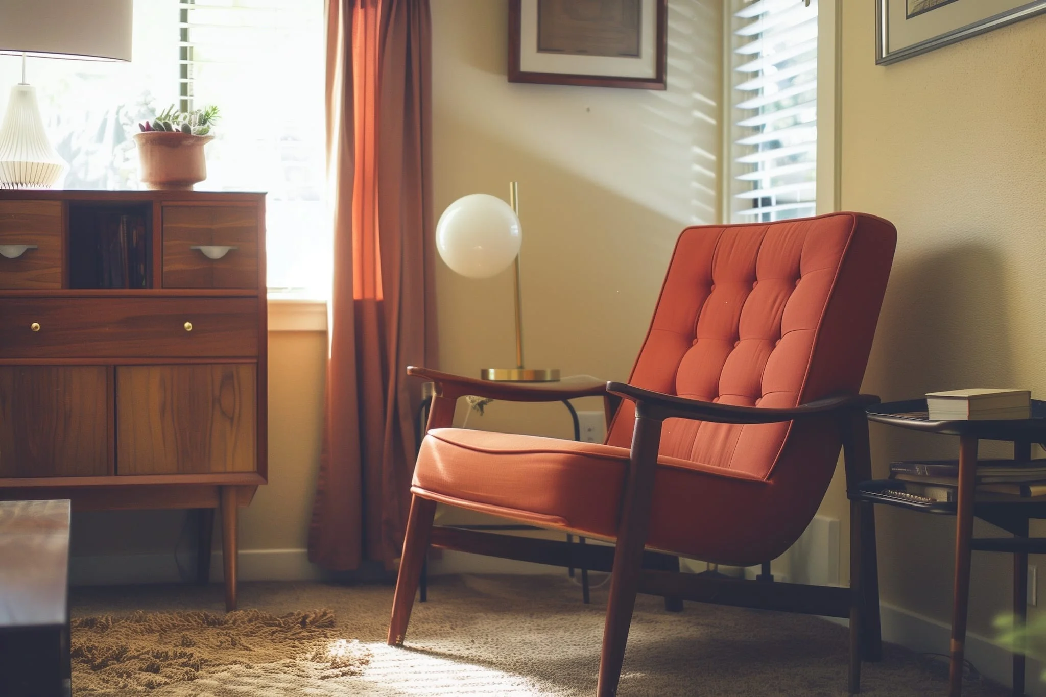 Mid-century modern living room with orange chair in sunlit cozy setting