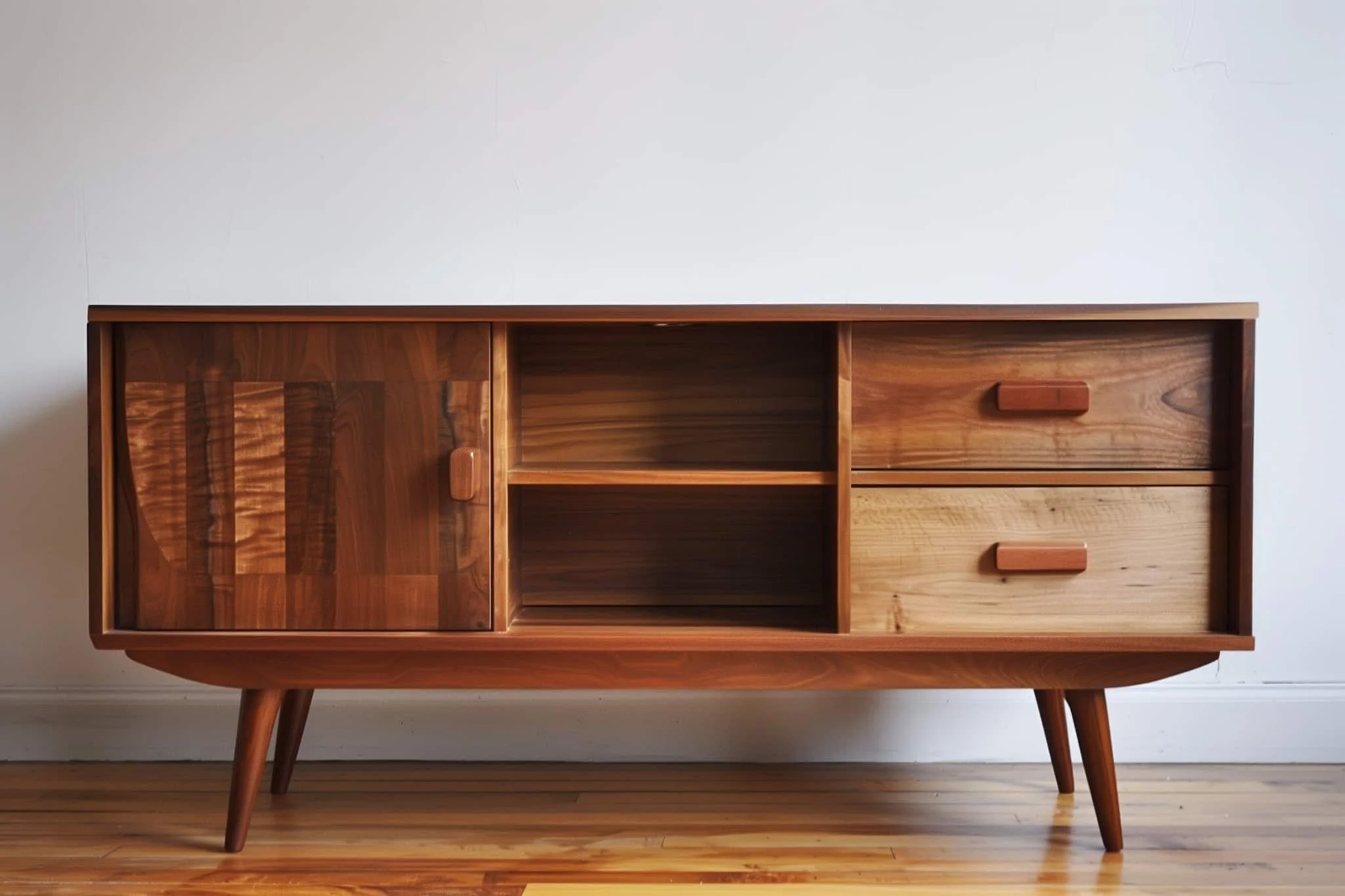 Mid-century modern wooden credenza with empty open shelves