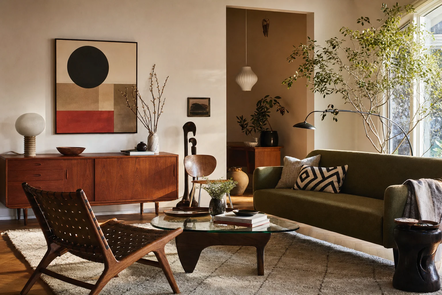 Mixed-era mid-century modern living room with a vintage teak credenza alongside a contemporary sofa and geometric wall art, warm afternoon light