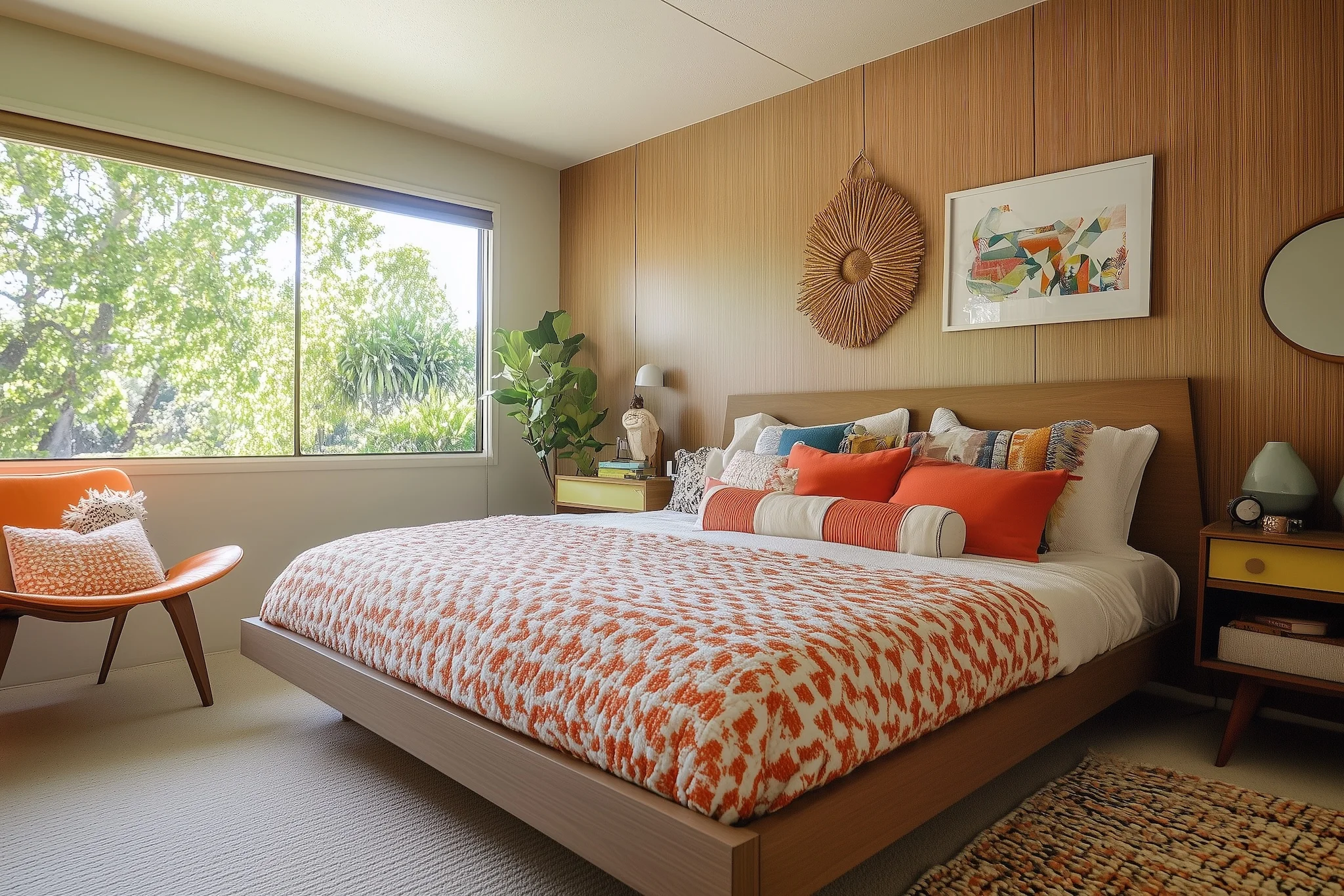 Brightly lit bedroom with modern decor and colorful bedding.