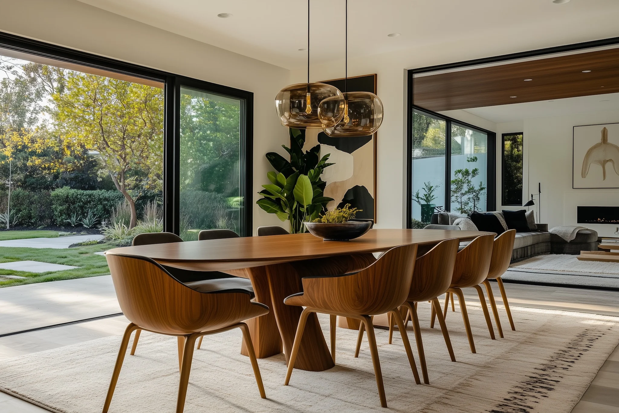 Modern dining room with a wooden table, stylish chairs, and large glass windows