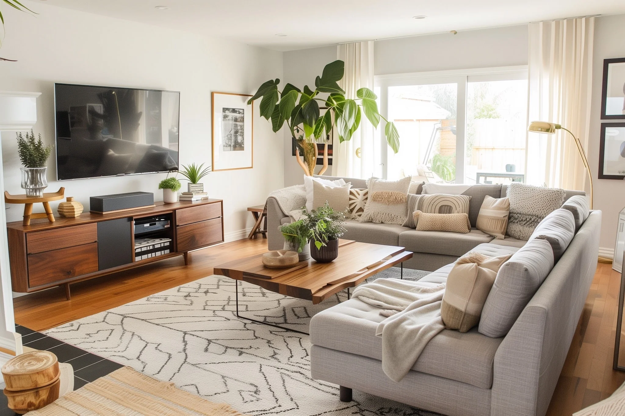 Modern living room with neutral tones, plants, wood furniture, and cozy sofa