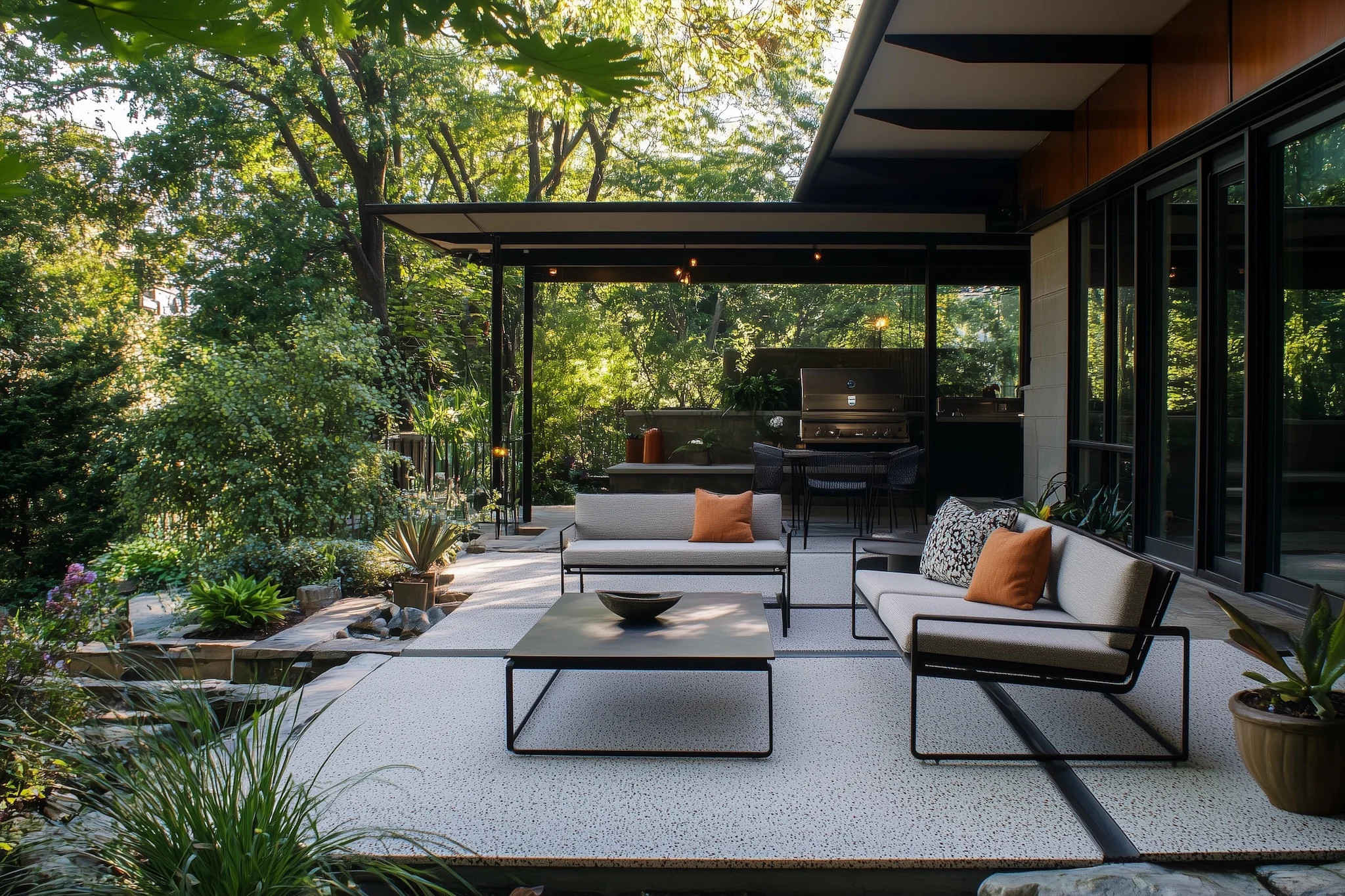 Modern outdoor patio with sleek furniture and lush greenery.