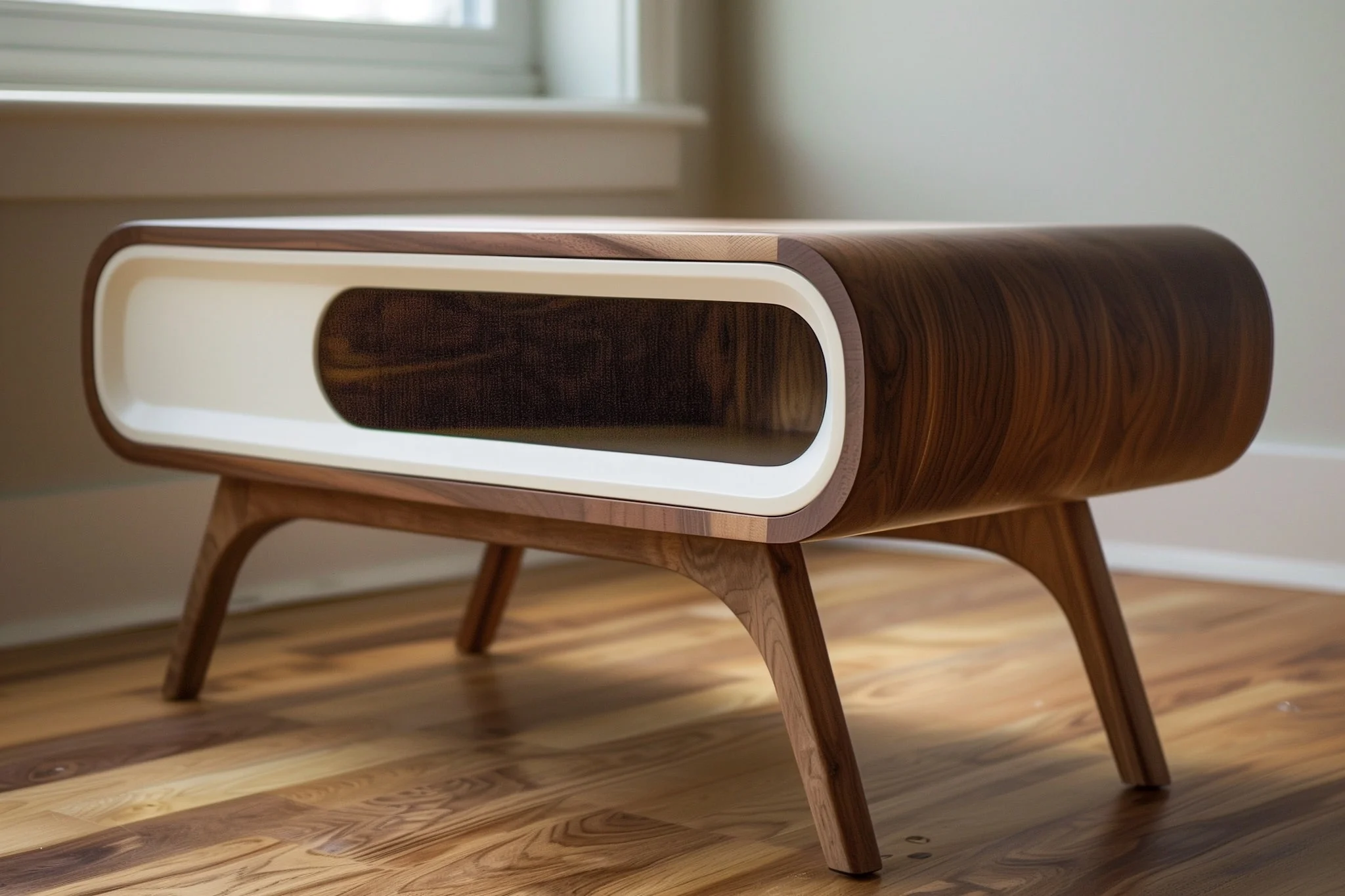 Modern wood coffee table with mid-century design and retro style