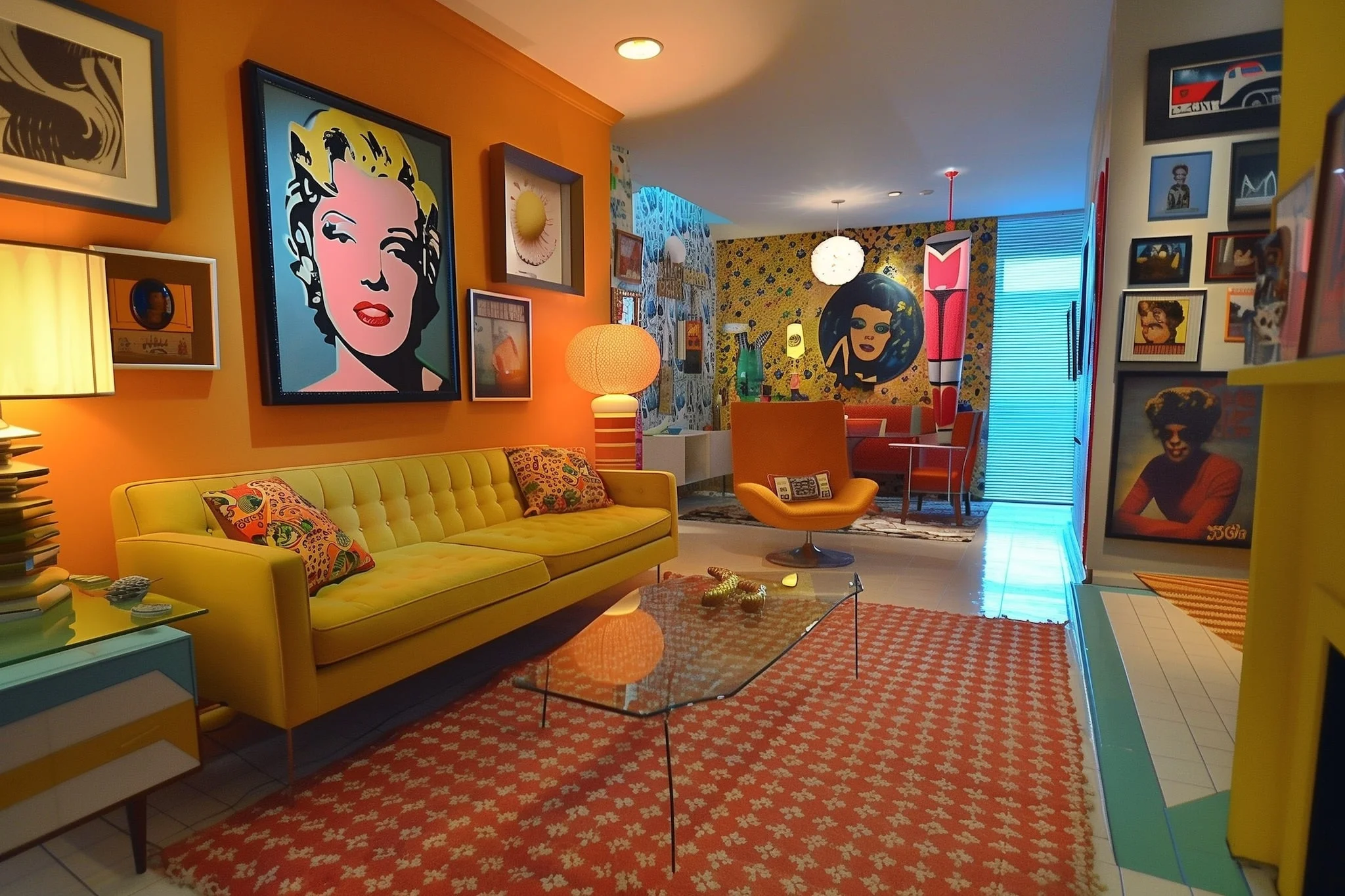 Pop art living room with yellow couch, modern decor, and vibrant colors