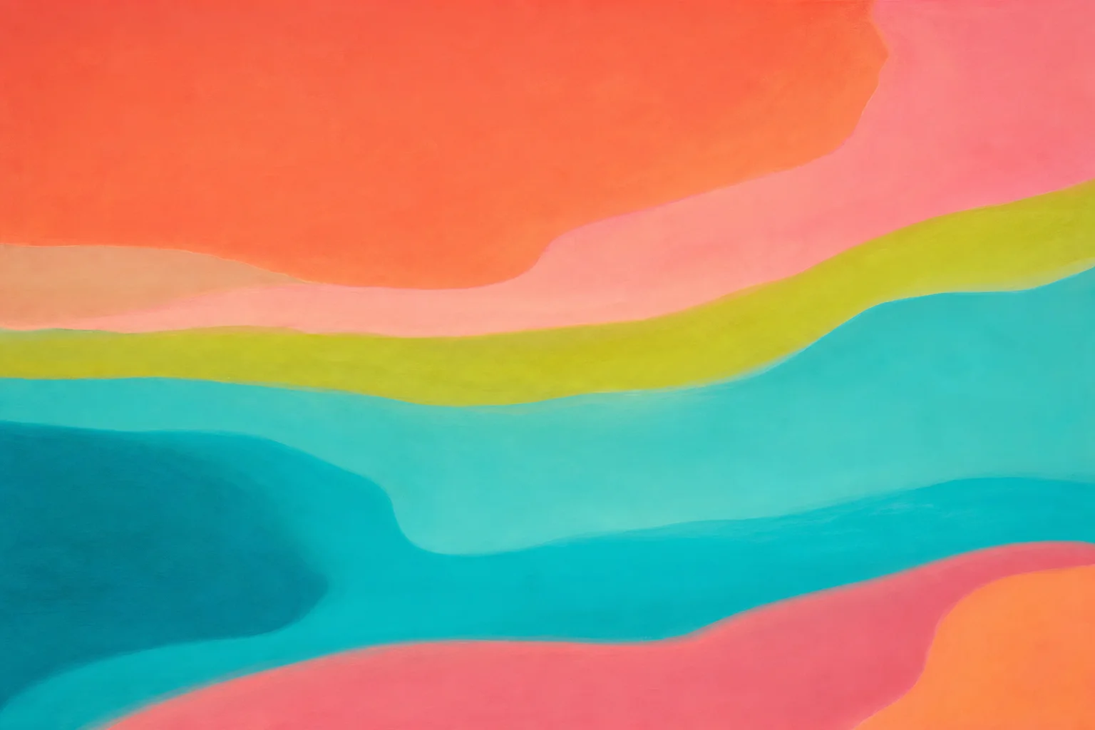 Abstract color field composition in a Populuxe-era palette with smooth organic bands of coral, turquoise, and chartreuse