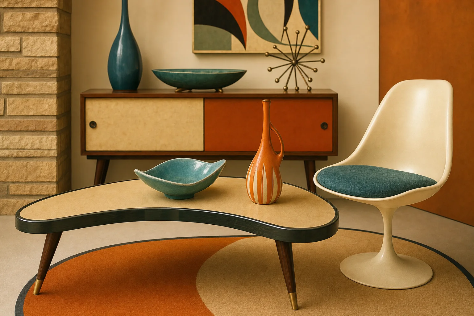 Styled tableau of Populuxe-era household objects: a boomerang-shaped coffee table, kidney-shaped teal bowl, tulip-base chair, and MCM sideboard in warm studio light