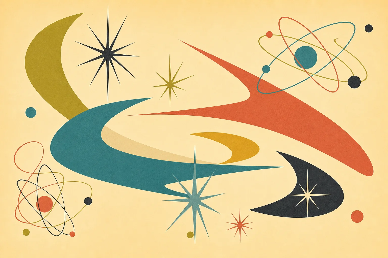 Abstract flat graphic illustration of Populuxe-era shapes: sweeping tail-fin curves, boomerang forms, starburst motifs, and atomic orbit forms in a warm mid-century palette
